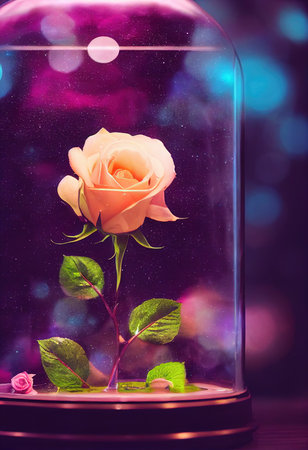 Magical enchanted rose in a glass case, evergreen flower in a glass domeの写真素材