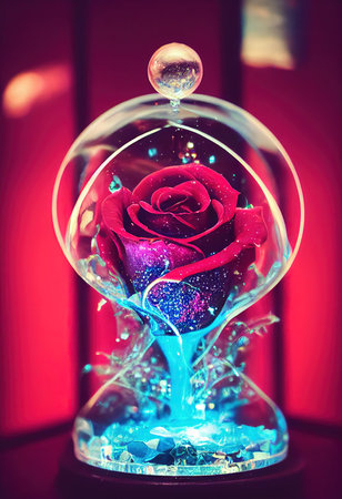 Magical enchanted red rose in a glass case, evergreen flower in a glass dome