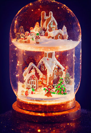 Gingerbread house in a snow globe, glass encased gingerbread, gingerbread house glass dome 3d illustrationの写真素材
