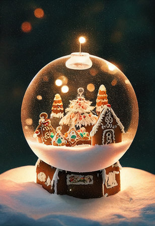 Gingerbread house in a snow globe, glass encased gingerbread, gingerbread house glass dome 3d...