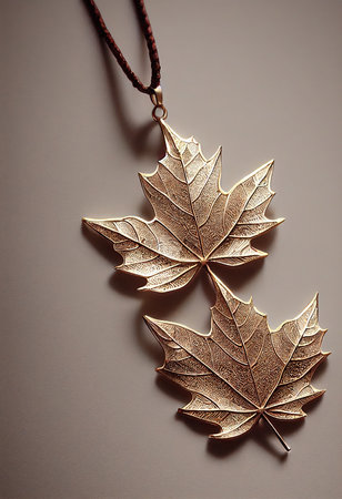 Maple leaf pendants, gold necklace with maple leaves, metallic autumn jewelry product shot