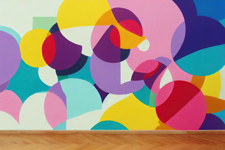Colorfully painted room wall with wooden floor, interior with bright, abstract, joyful art, symbol of ideas and joyの写真素材