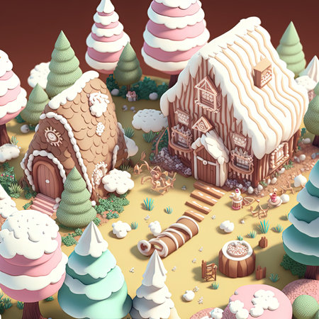 Cute gingerbread house in a green forest, cookie landscape diorama, Christmas village and trees made of sweets, 3d illustrationの写真素材