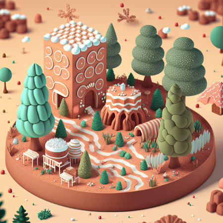 Cute gingerbread house in a green forest, cookie landscape diorama, Christmas village and trees made of sweets, 3d illustrationの写真素材