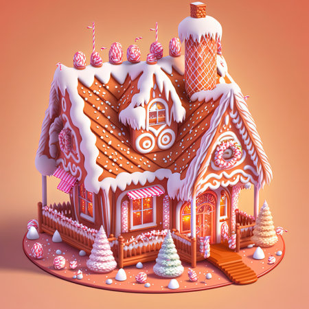 Isometric gingerbread house, Christmas village, isolated candy house 3d illustration, cute, kawaiiの写真素材