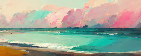 Seascape pastel background, pink clouds banner, seaside wallpaper, light colored beach backdrop , paintingの写真素材