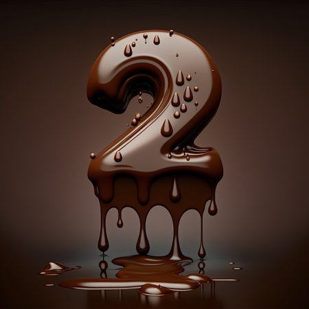 Isolated number two made of chocolate, liquid chocolate number 2, sweet brown choco number, generative ai art illustrationの素材
