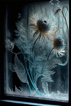 Window frost, fern frost, ice flowers on a window, frozen window, generative ai art, winter flowersの写真素材