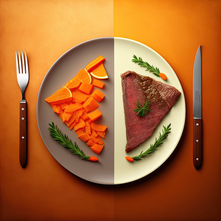 Meat versus plant based meal, vegan and vegetarian illustration, isolated plate with meat and vegetables, generative aiの素材