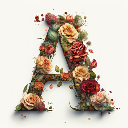Isolated letter A made from roses, garden flower capital letter A, generative ai, floral alphabet letter A with white backgroundの写真素材