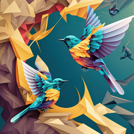 Stylized flying birds illustration, colorful birds art, generative ai, freedom birdsの素材