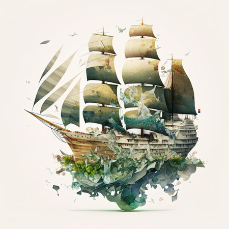Isolated ship in the sea illustration, sailing ship digital collage with light background, generative ai artの素材