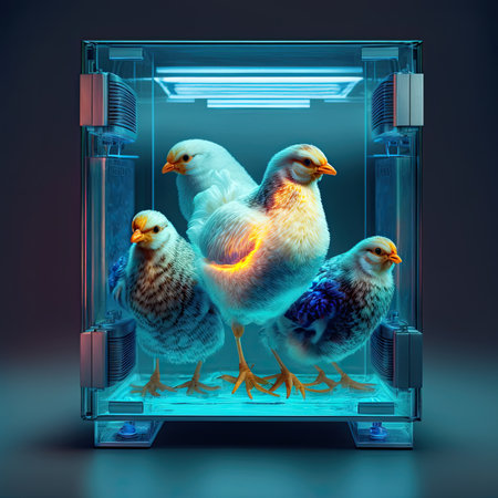 Chickens in glass incubator, lab grown chickens, future of poultry, science experiment, generative aiの素材