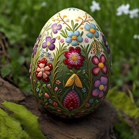 Ornamented Easter egg, intricate decorated pisanki egg in the grass, folk style floral painted egg, generative aiの素材
