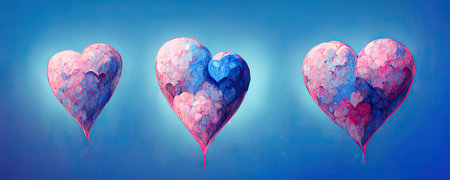 Painted pink and blue hearts on blue background, valentine's day bannerの写真素材