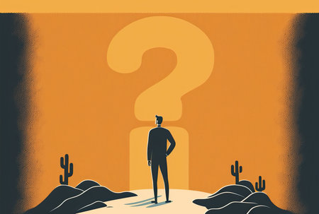 Deserted man with question mark behind him, uncertainty illustration with orange backgroundの素材