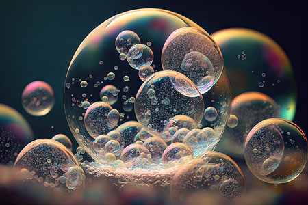 Soap bubbles with reflection on dark background. 3D illustration.の素材