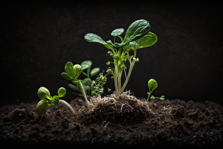 Little plant sprouts in soil, growing your own herbs illustration with black backgroundの素材