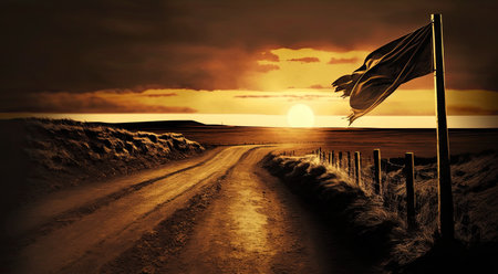 Worn out flag on an empty road at sunset, lonely country roads landscape illustrationの素材