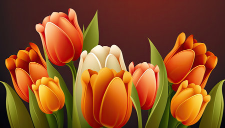 Bright orange tulips on dark background. Vector illustration for your designの素材