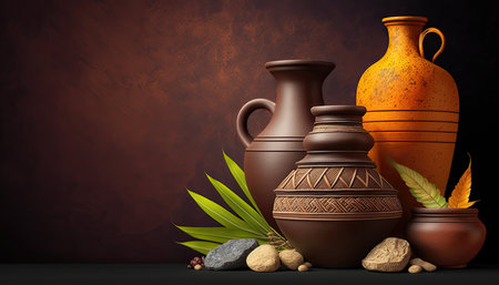 Antique earthenware and clay pottery on dark background, handmade jugs bannerの素材