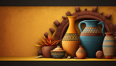 Handmade clay pots and vases banner with copy space, orange historic pottery backgroundの素材