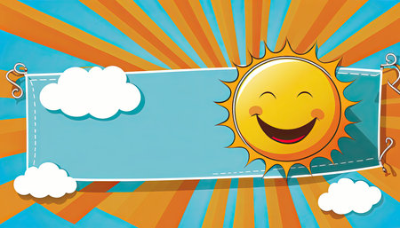Happy sun banner with copy space, cartoon style sunny day illustration with blue space for textの素材