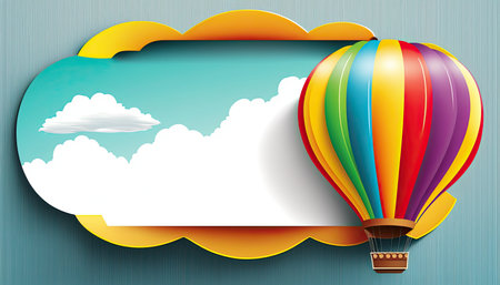 Hot air balloon and a white cloud banner, illustration of hot air balloon in the skyの素材