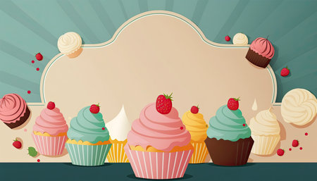 Colorful strawberry cupcakes in a row, cupcake banner, with copy space, dessert backgroundの素材