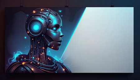 Neon holographic female robot and blank poster. 3D renderingの素材