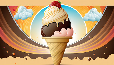 Ice cream in a waffle cone on a background of the skyの素材