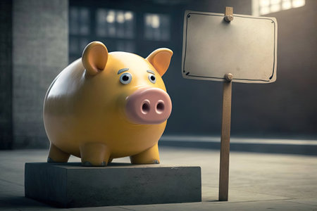 Yellow sad piggy bank with signboard on the floor in city.の素材