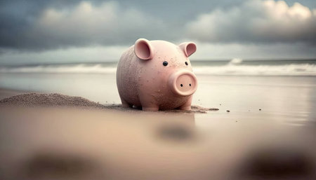Piggy bank on the beach. Concept of savings and investmentの素材