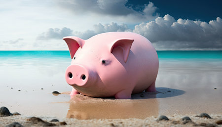 Piggy bank on the beach with blue sky and sea backgroundの素材