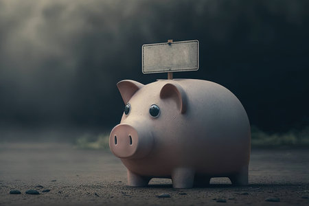 Piggy bank with blank sign on dark background with copy spaceの素材