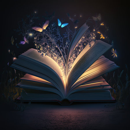 Open fantasy book with flowers and butterflies on dark background. Vector illustration.の素材