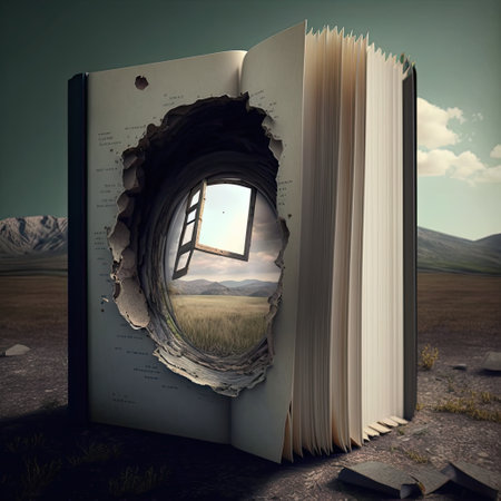 Surreal book with a portal hole in it, fantasy book world illustration. 3D rendering.の素材