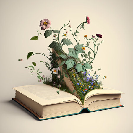 Open book with flowers and plants on a light background. 3d renderの素材
