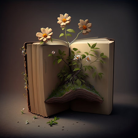Open book with flowers and grass on dark background. 3d renderの素材