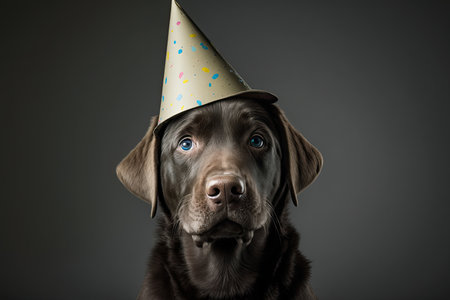 Cute dark brown labrador retriever with birthday hat on grey backgroundの素材