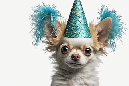Funny Chihuahua puppy wearing birthday hat and blue feathersの素材