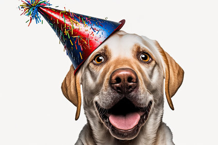 Labrador retriever with birthday hat and party hat on white backgroundの素材