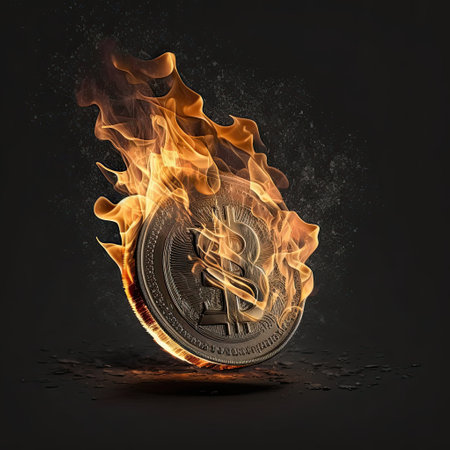 Burning bitcoin with flames on black background. 3d illustrationの素材