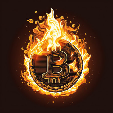 Burning bitcoin coin with flames on dark background. Vector illustration.の素材