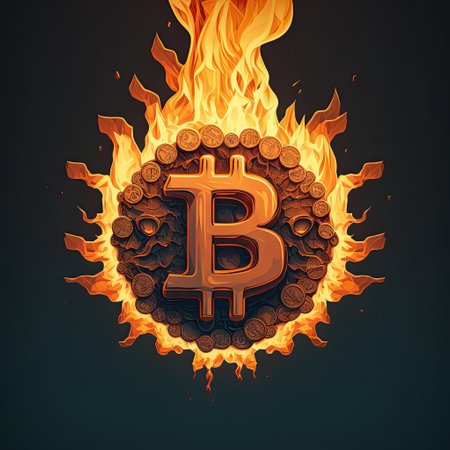 Burning bitcoin symbol on fire background. Vector illustration. Eps 10の素材