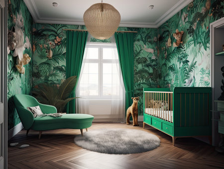 3d rendering children room with green armchair and jungle wall mural.の素材