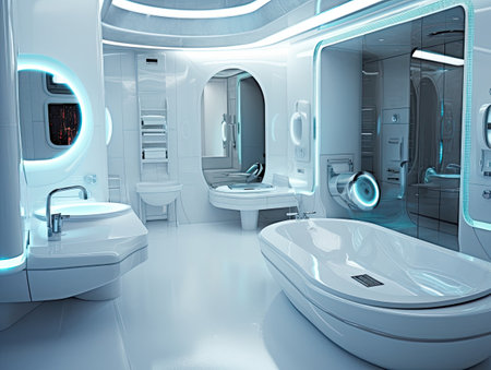 3d render of interior of modern space ship bathroom with white walls and ceiling lightsの素材