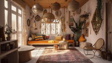 Interior of a cozy living room in a bohemian style. 3d ethnic boho living room renderの素材