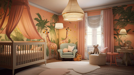 Baby room jungle style interior. 3d render. Interior of the nursery.の素材
