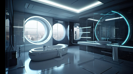 Interior of futuristic bathroom with white walls, concrete floor, white bathtub and round mirror above it. 3d renderingの素材